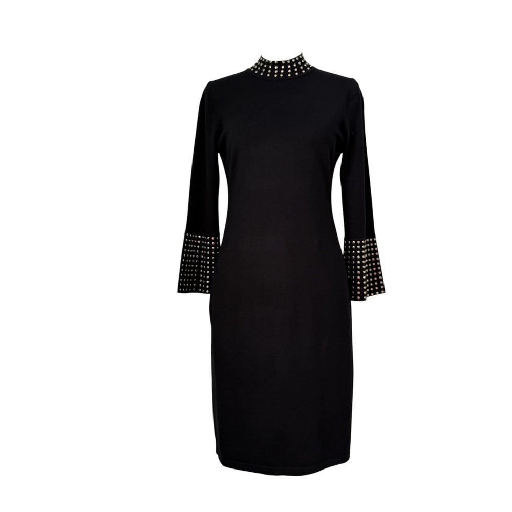CALVIN KLEIN | Black Gold Studded Knit Sheath Dress Sz M - Picture 1 of 8